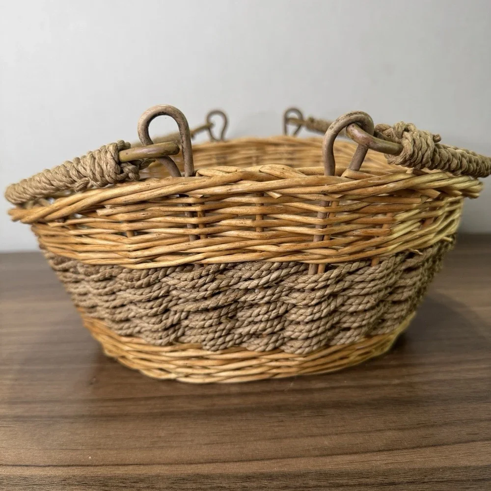 Vintage 1960's Boho Wicker Rattan Folding Handles‎ Hand Woven Basket 11x10